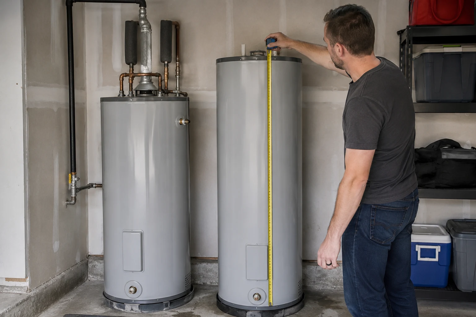 A 40 gallon and a 50 gallon water heater standing side by side showing the same floor diameter but the 50 gallon unit about two inches taller, with the rating label and flue connection visible on top