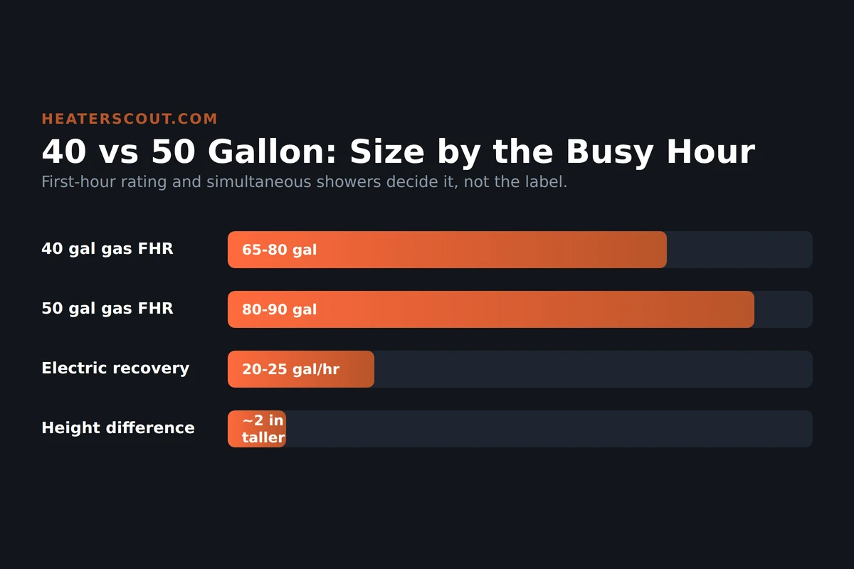 Comparison chart of a 40 gallon versus a 50 gallon water heater showing first-hour rating, household size fit, physical height difference, and gas versus electric recovery