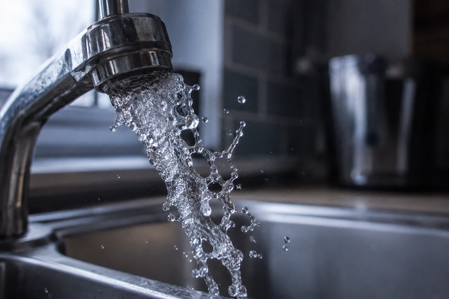 A hand holding open a kitchen hot water faucet with water running to bleed air out of the hot lines, the fixture farthest from the water heater