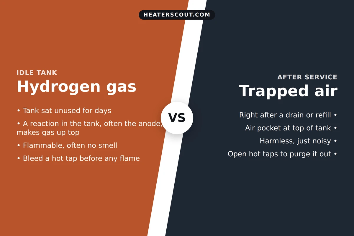 Diagram of a water heater showing hydrogen gas and trapped air collecting at the top of the tank and riding out the hot water lines to sputter at a hot tap, while the cold line stays smooth