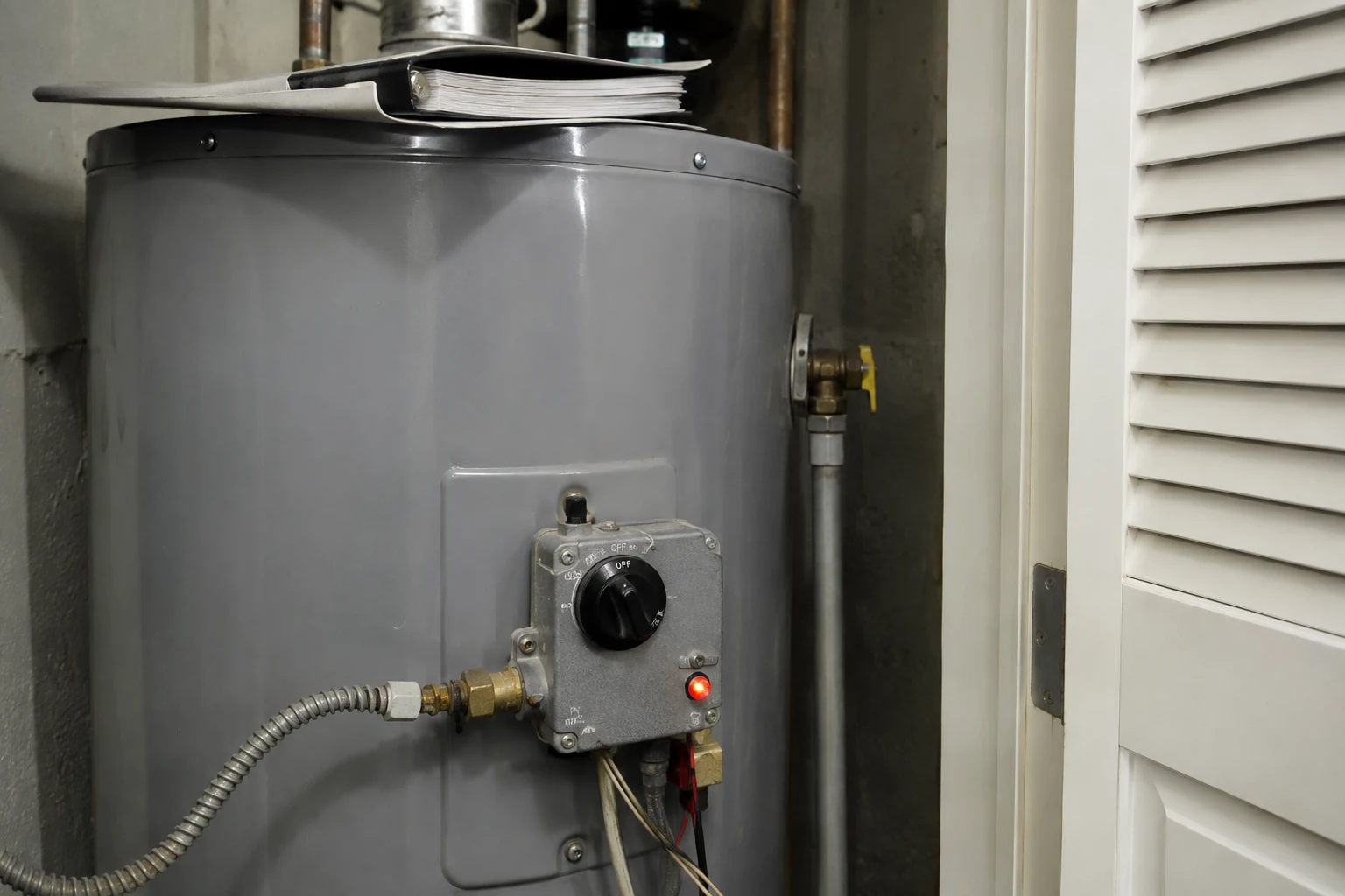 An American gas control valve at the base of a water heater with the status light and the ON/OFF gas control knob visible, the point where the flash count is read and the reset is performed