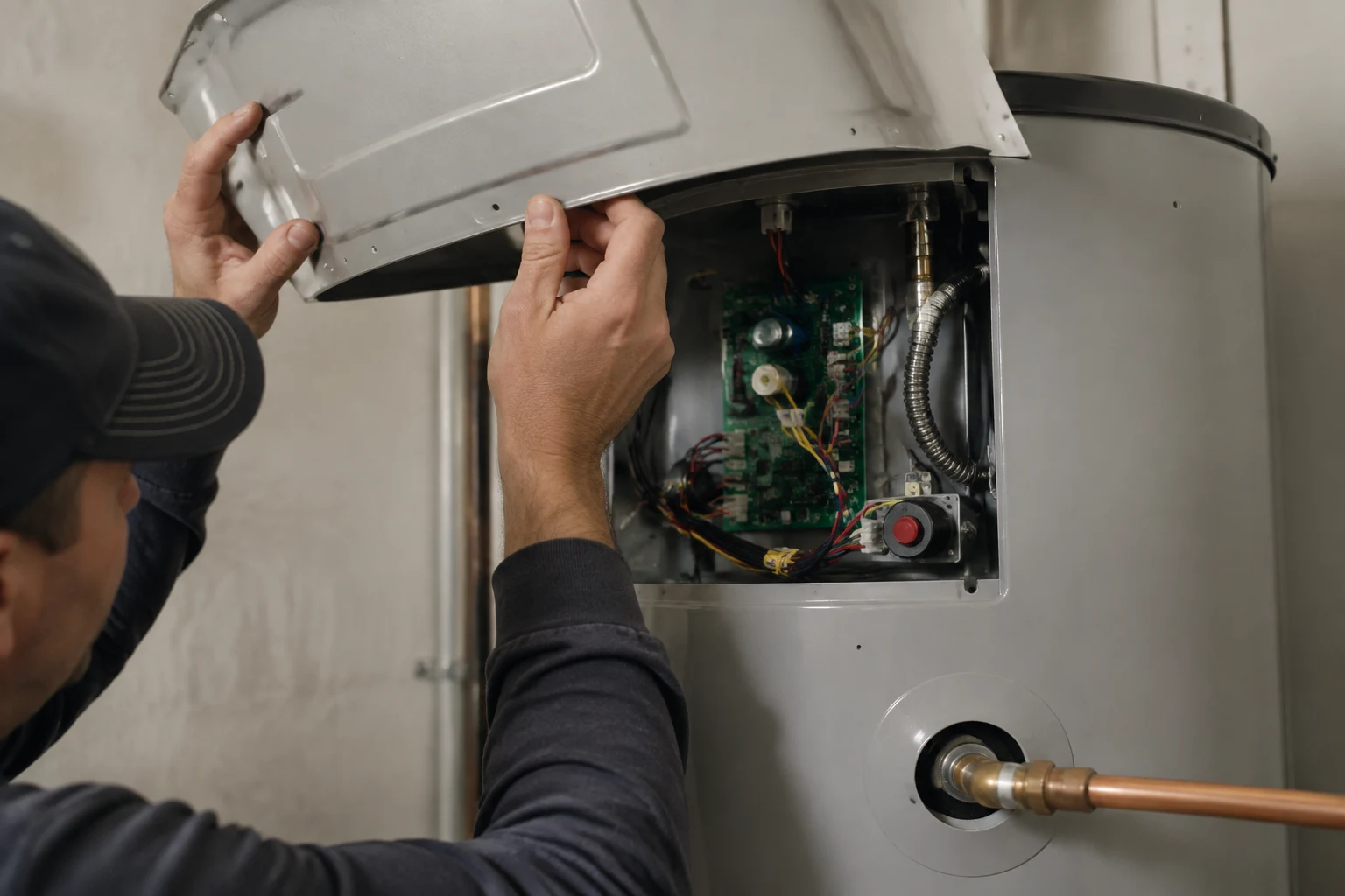Upper access panel open on an A.O. Smith Signature electric water heater showing the upper thermostat with its red ECO reset button and the heating element terminals below it