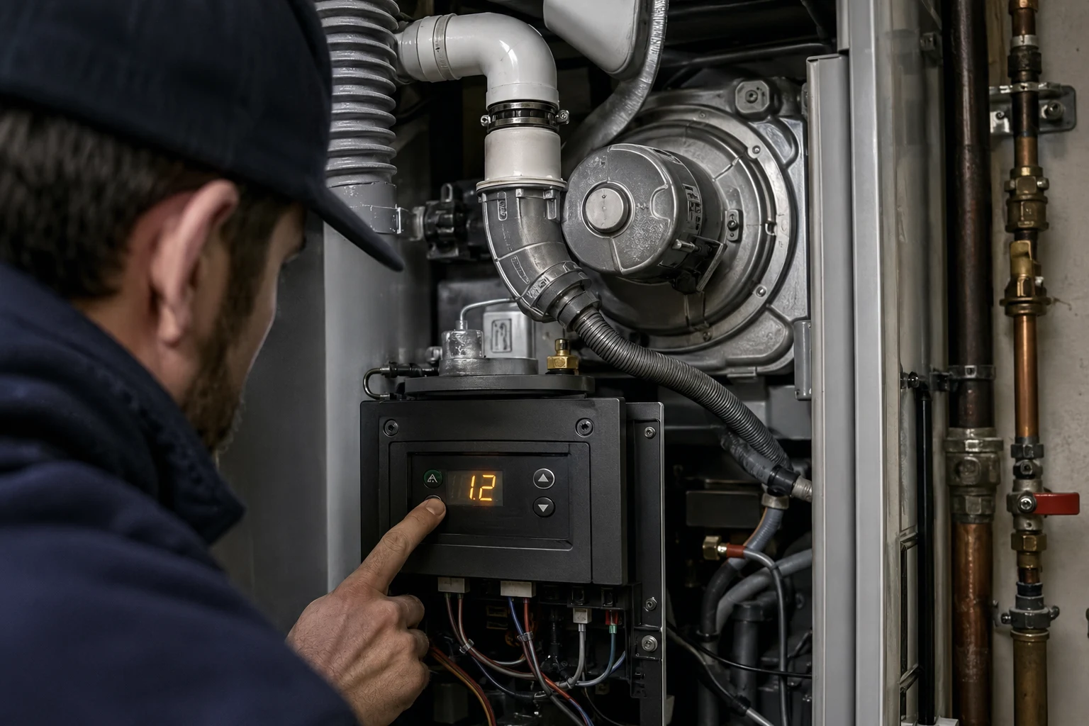 The control unit and display on an A.O. Smith Vertex power-vent water heater, where fault messages and three-digit codes appear and where the power-cycle reset is performed