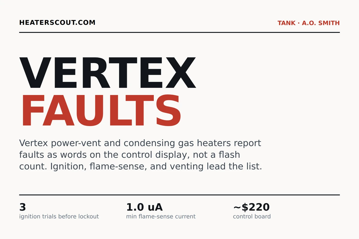 A.O. Smith Vertex water heater fault-code overview showing that condensing and power-vent Vertex controls report faults as text messages or three-digit numbers on the board rather than a flash count