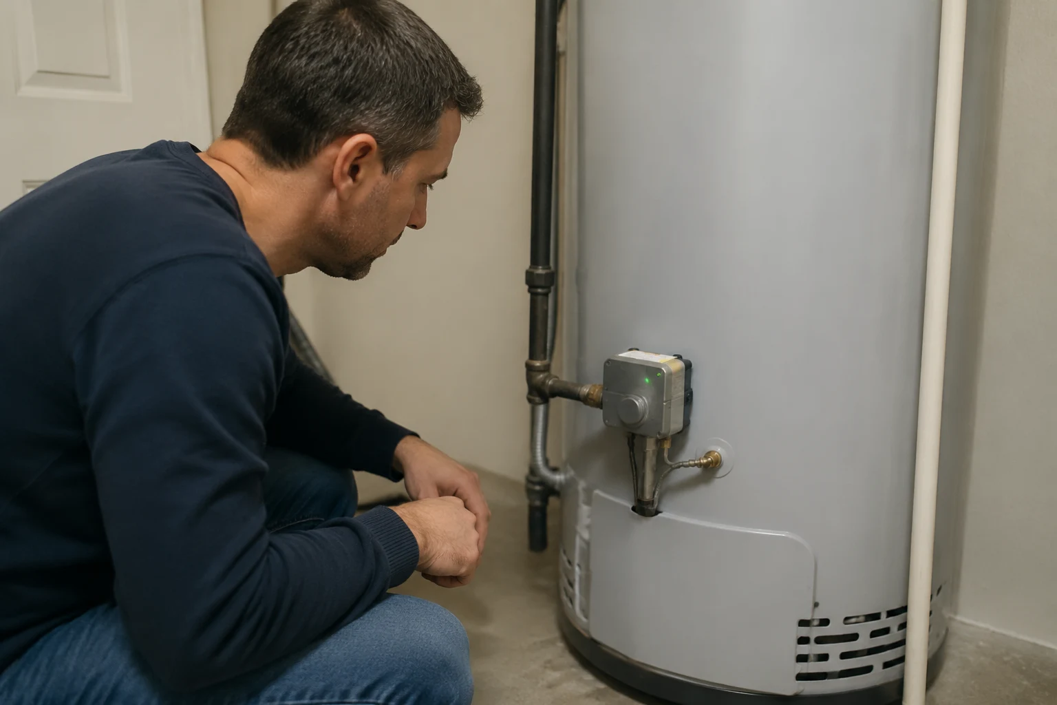 Close-up of the electronic gas control valve on an A.O. Smith gas water heater with the status light blinking once, the temperature knob and pilot lighting instructions visible