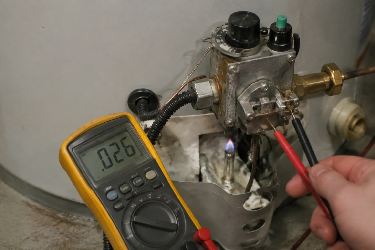 A multimeter set to DC millivolts reading the thermopile output at an A.O. Smith gas control valve while the pilot is lit