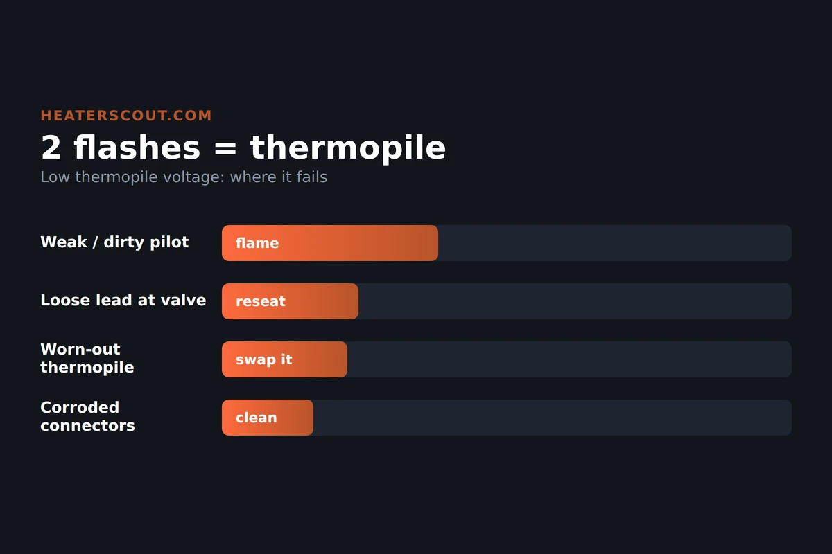 A.O. Smith gas water heater 2-flash status light code explained, showing low thermopile voltage causes ranked by how often each is the fault