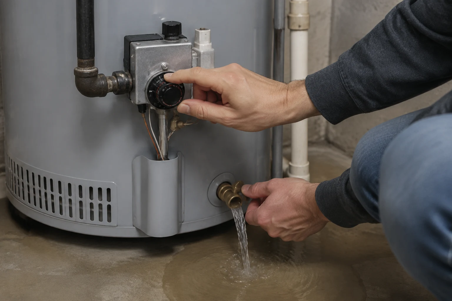 An A.O. Smith gas control valve at the base of a water heater with the status light flashing four times, temperature dial visible for backing off the setpoint
