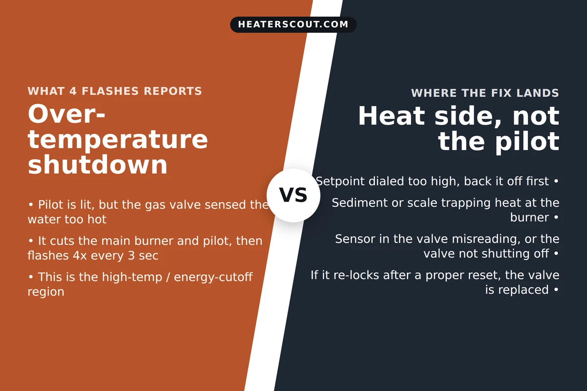 Split infographic explaining A.O. Smith 4 flashes as an over-temperature shutdown, with the fix landing on the temperature setting, sediment, sensor, and gas valve rather than the pilot
