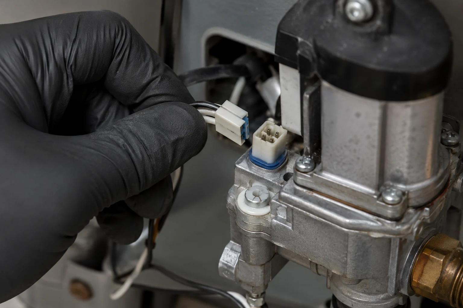 An A.O. Smith gas control valve at the base of a water heater with the temperature sensor harness plug visible and the status light flashing five times