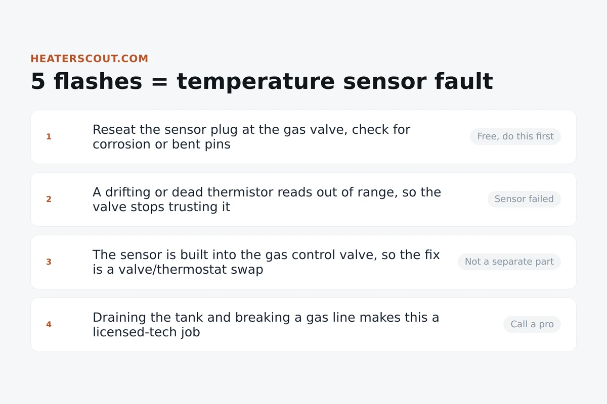 Cards infographic explaining A.O. Smith 5 flashes as a temperature sensor fault, with the steps from reseating the sensor plug to replacing the gas control valve