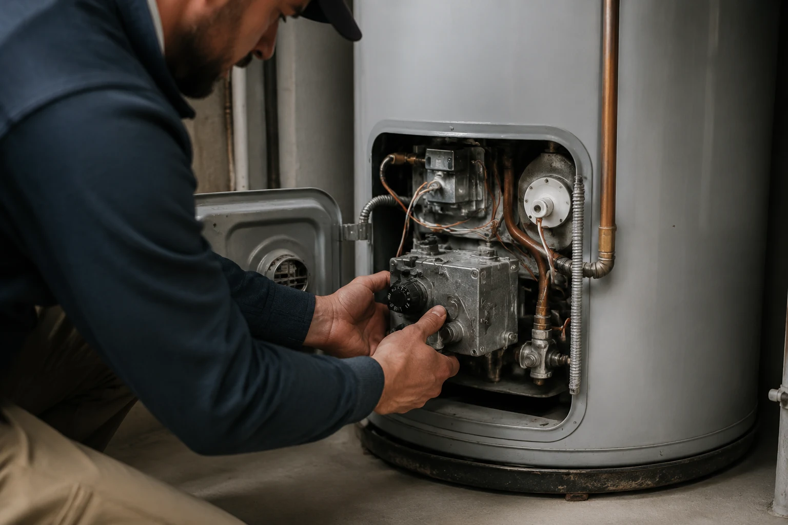 A multimeter set to millivolts DC probing the thermopile terminals on an A.O. Smith gas control valve while the pilot is lit