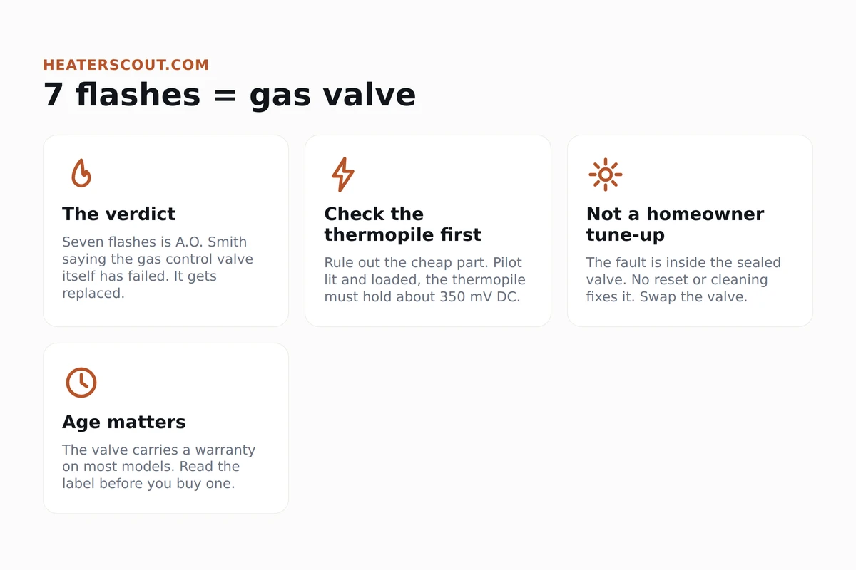 Icons infographic explaining the A.O. Smith seven-flash status code: gas control valve failure, checking the thermopile at 350 mV, and warranty