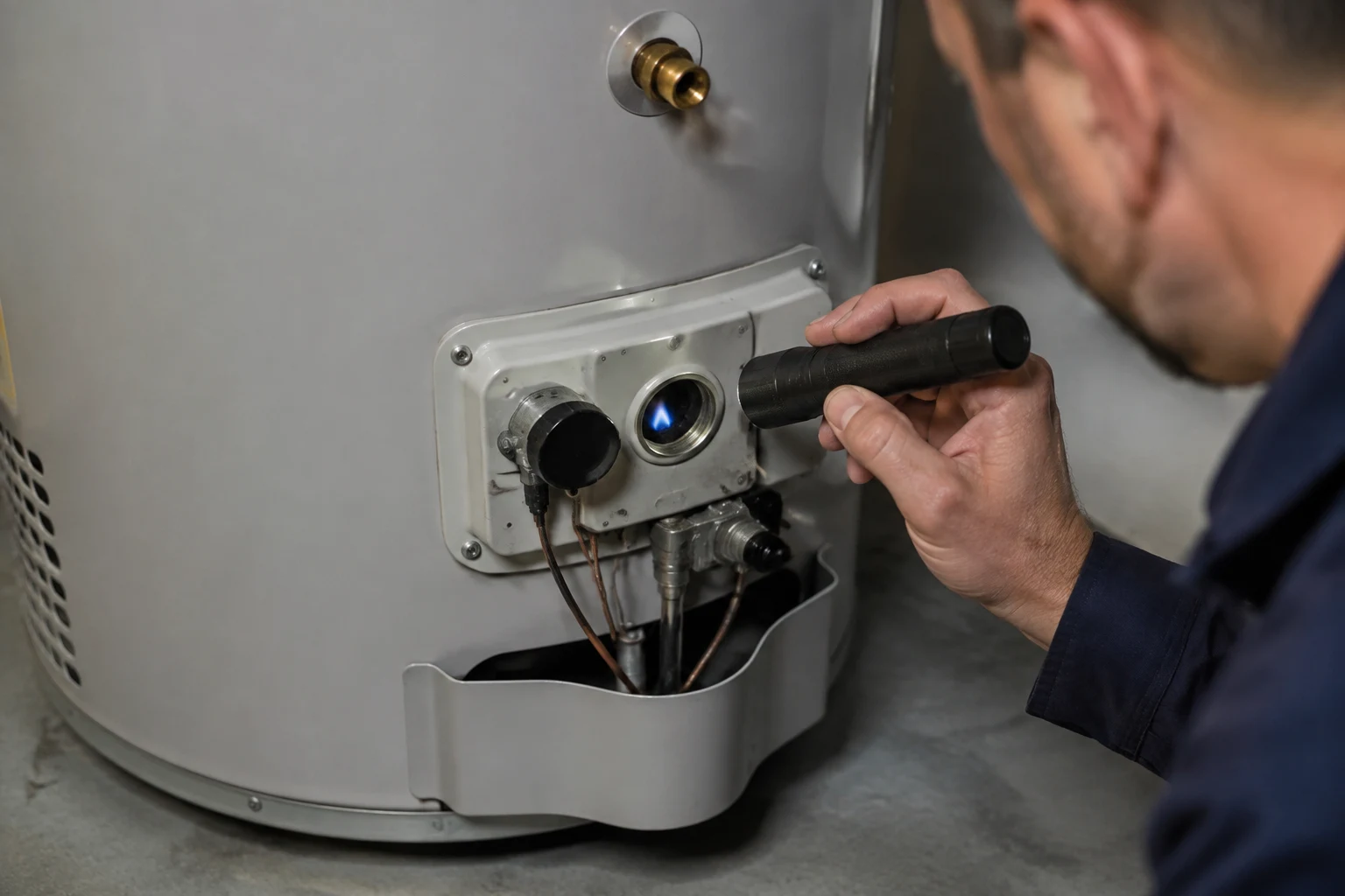A multimeter set to millivolts DC probing the thermopile terminals on an A.O. Smith gas control valve while the pilot flame is lit