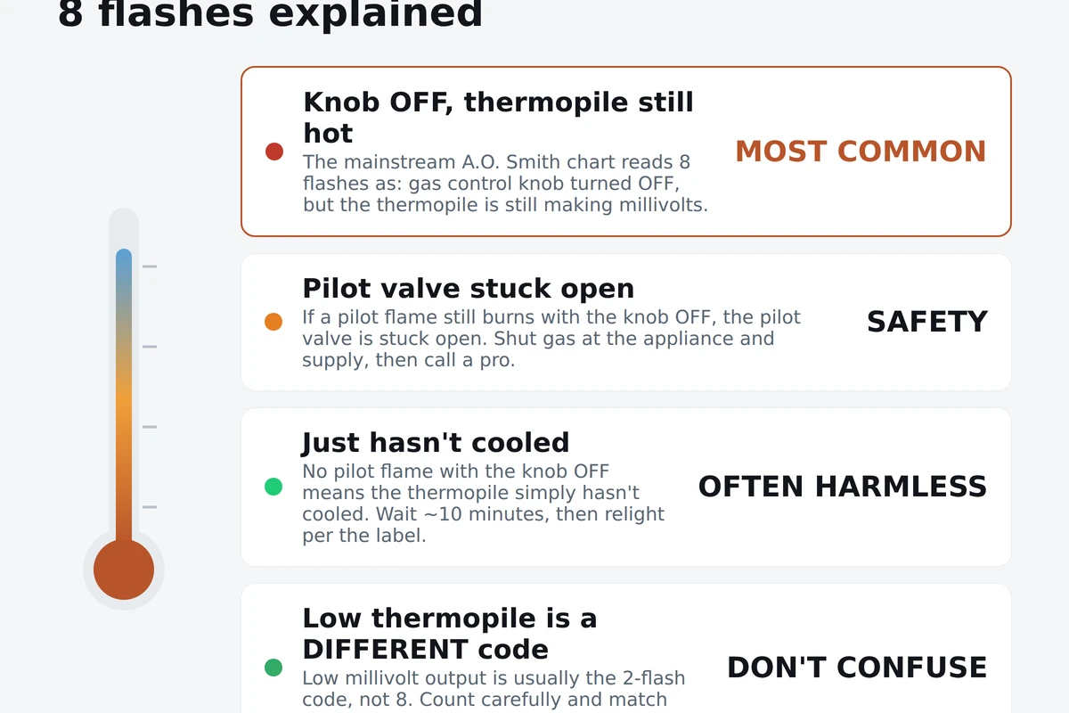 Thermometer-style infographic explaining the A.O. Smith eight-flash status code: knob off but thermopile still powered, stuck pilot valve as the safety case, and cool-down relight as the harmless case