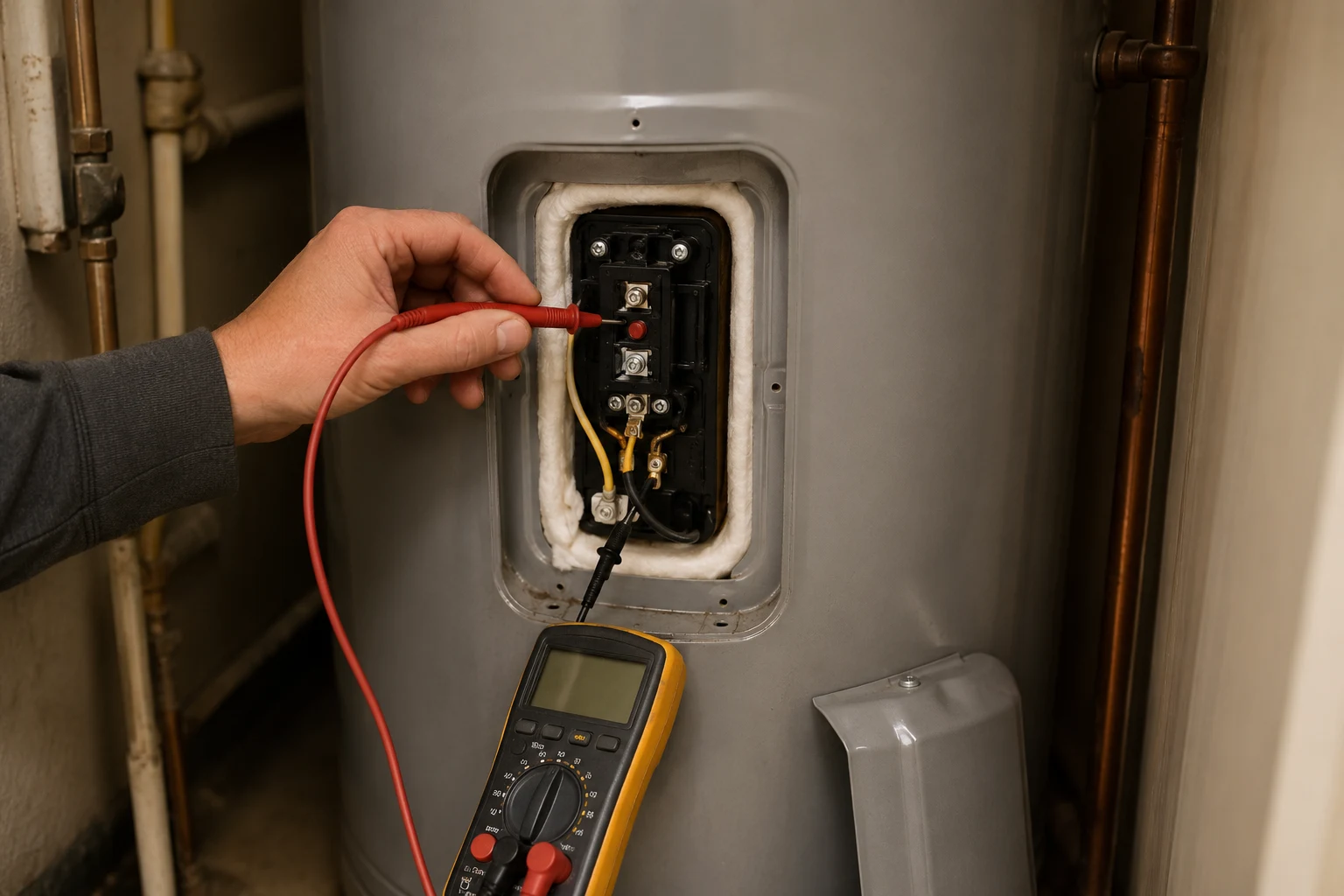 The gas control valve on an A. O. Smith water heater with its single status light and temperature dial, the first place to read a flash code and check the setpoint