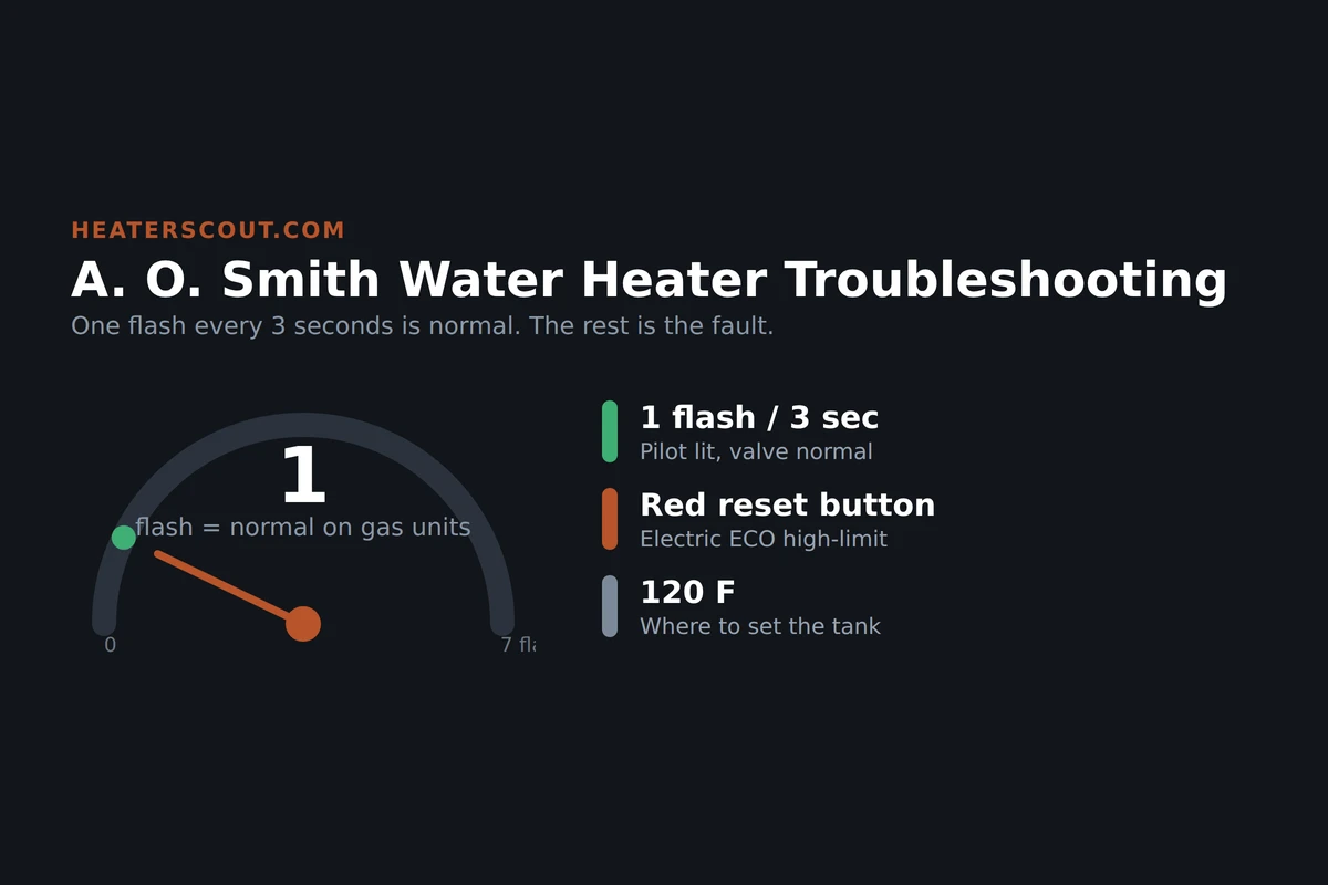 Diagnostic gauge for A. O. Smith water heaters showing that one status-light flash every three seconds is normal on gas units, the red ECO reset button governs electric units, and the tank should be set to 120 degrees