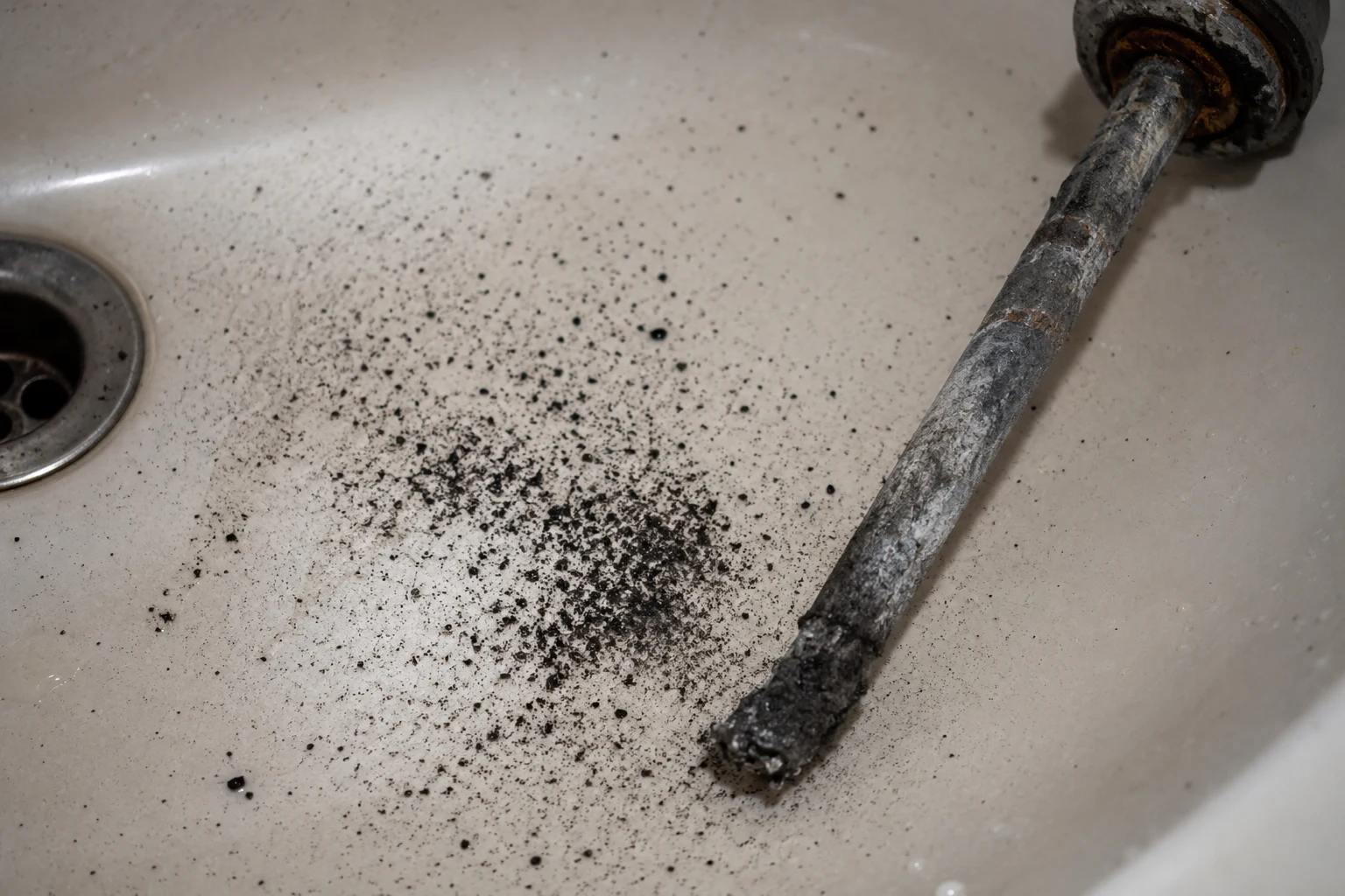 The hex head of a water heater anode rod at the top of the tank with a socket wrench, the access point for pulling and inspecting a corroded rod that sheds black sediment