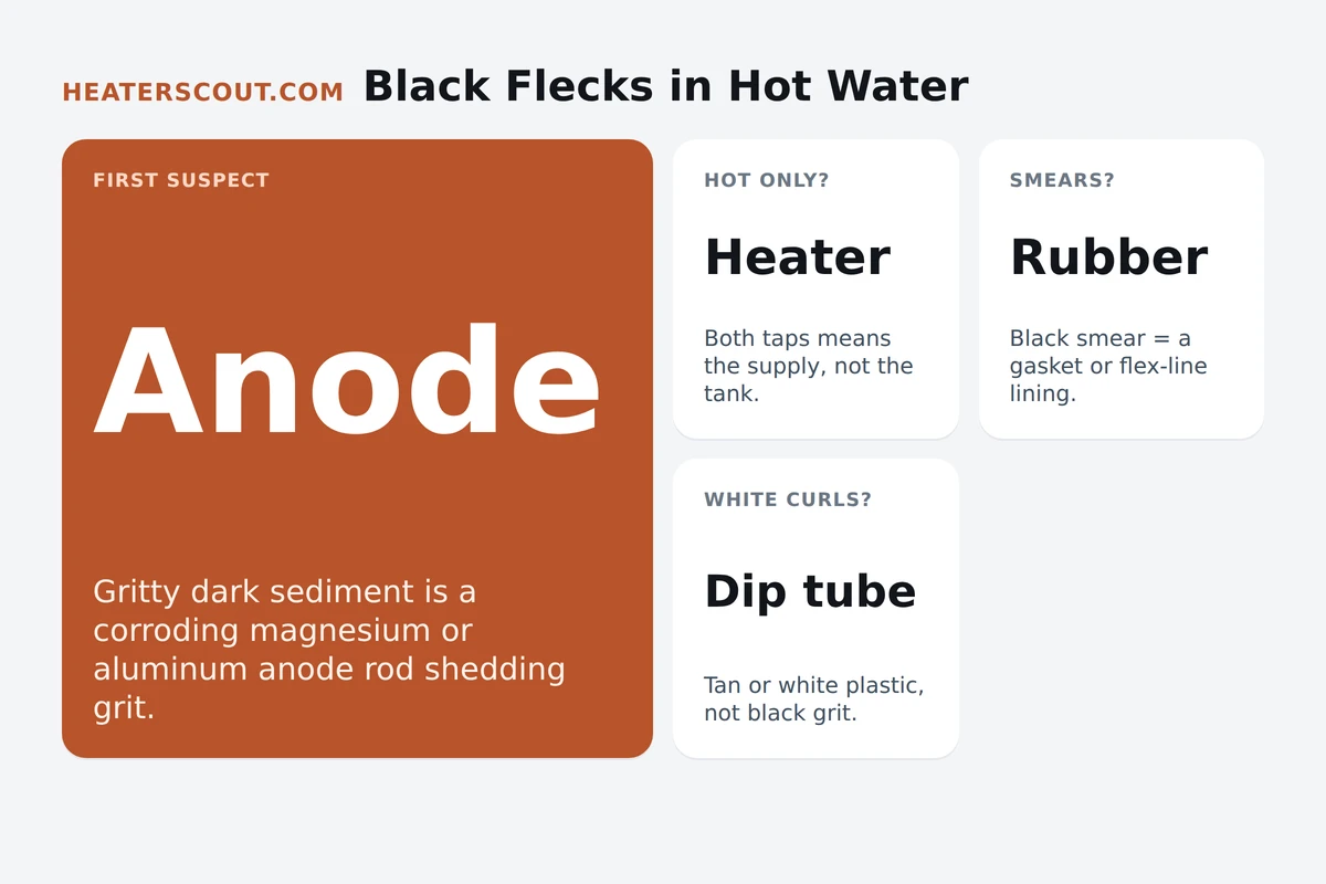 Diagnostic map of black particles in hot water routing gritty dark sediment to the anode rod, white or tan plastic curls to the dip tube, and black smearing flecks to a rubber part, with a hot-only versus both-taps split