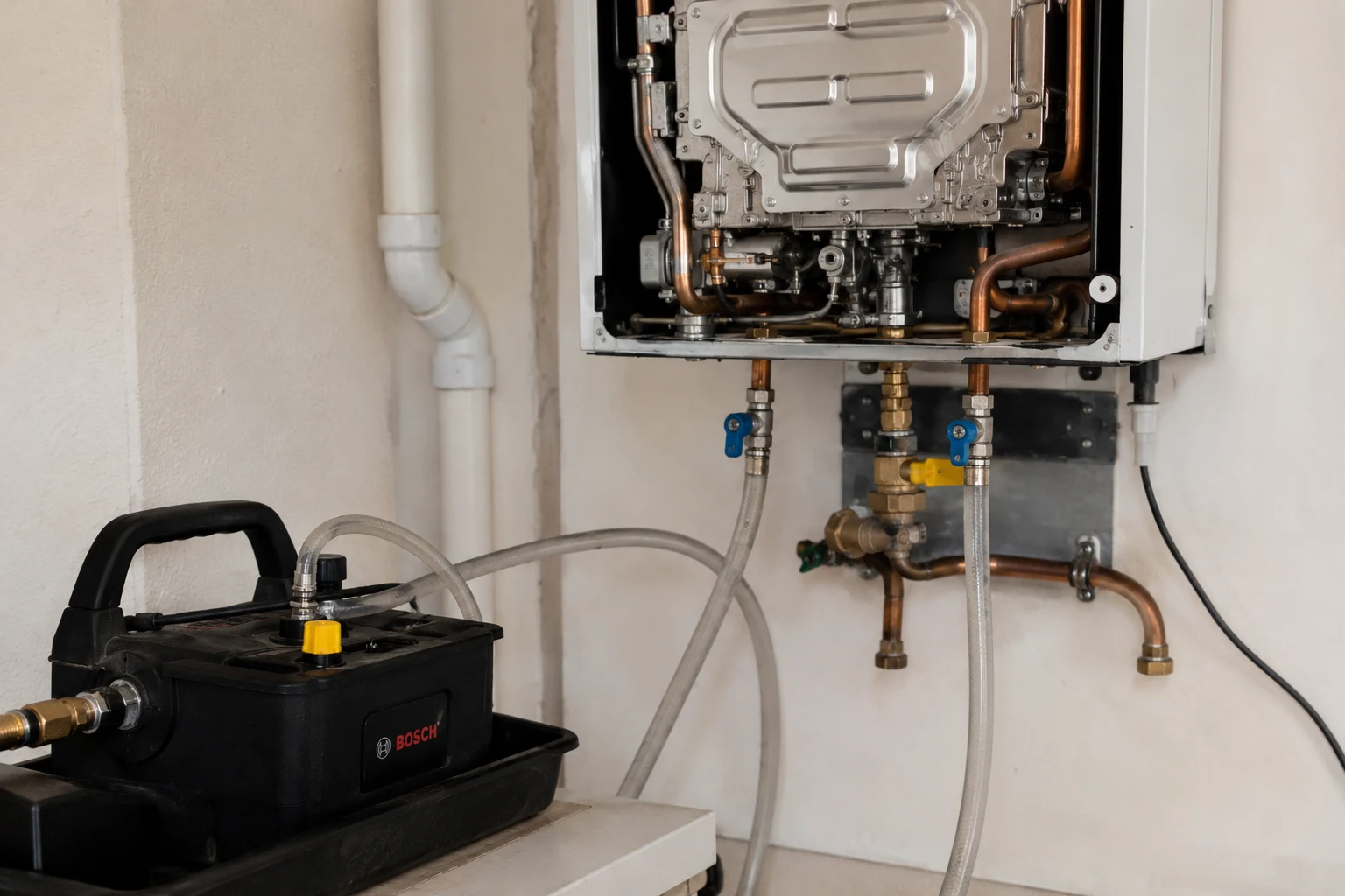A technician inspecting the concentric vent and overheat sensor wiring on a wall-mounted Bosch tankless water heater
