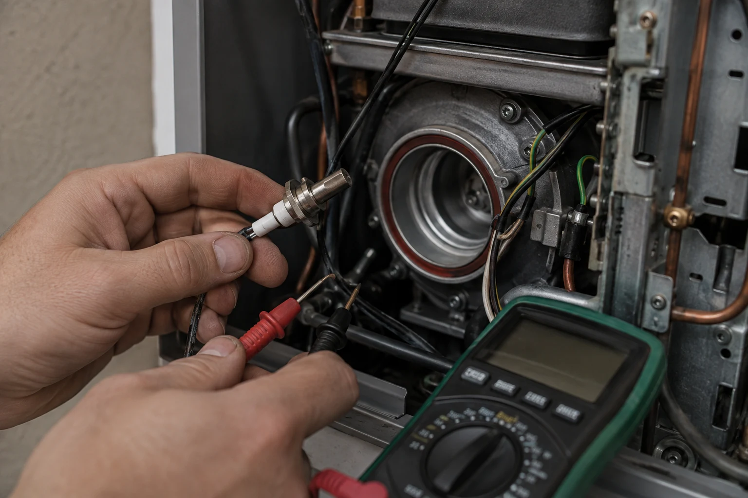 A Bosch condensing tankless flue gas temperature sensor and its connector at the exhaust side of the heat exchanger