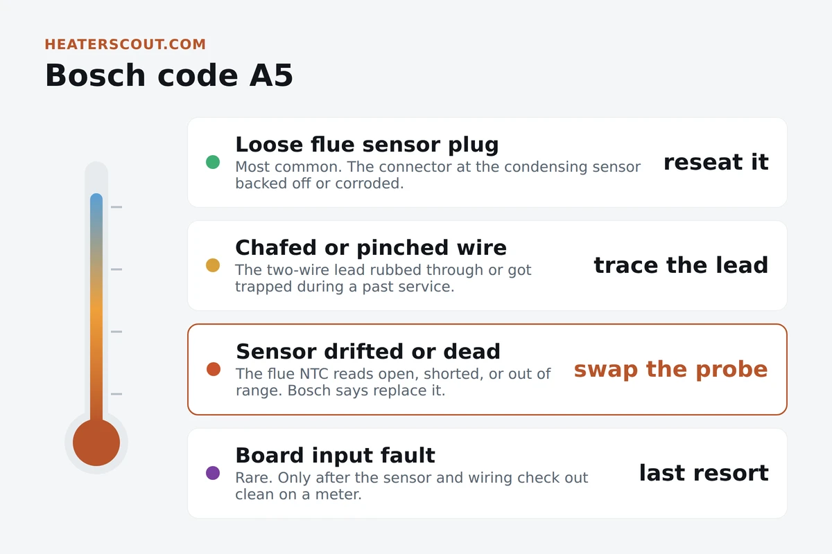 Thermo infographic ranking Bosch code A5 causes: loose flue sensor plug, chafed wire, failed sensor, board fault