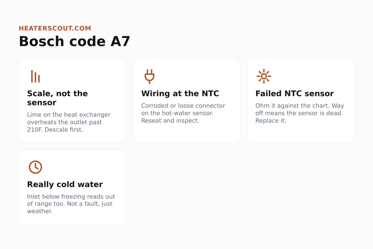 Four-panel infographic of Bosch tankless code A7 causes: heat-exchanger scale, wiring at the NTC, a failed sensor, and very cold inlet water