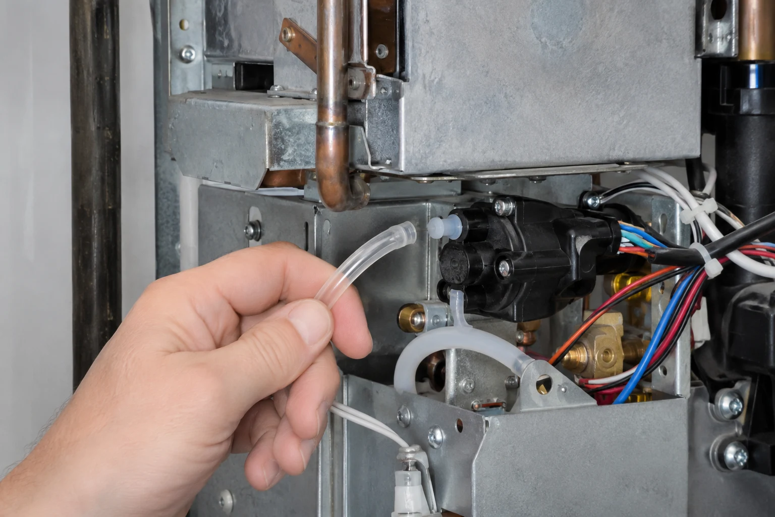 Close-up of a Bosch tankless air pressure switch with its clear silicone sensing tube removed, showing trapped condensate inside the line