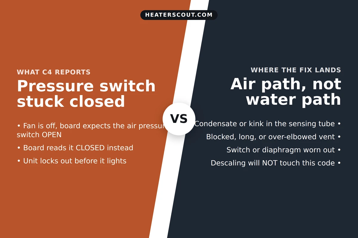 Split infographic explaining Bosch tankless code C4: the air pressure switch is stuck closed when the fan is off, and the fix lands on the venting and sensing tube, not the water side