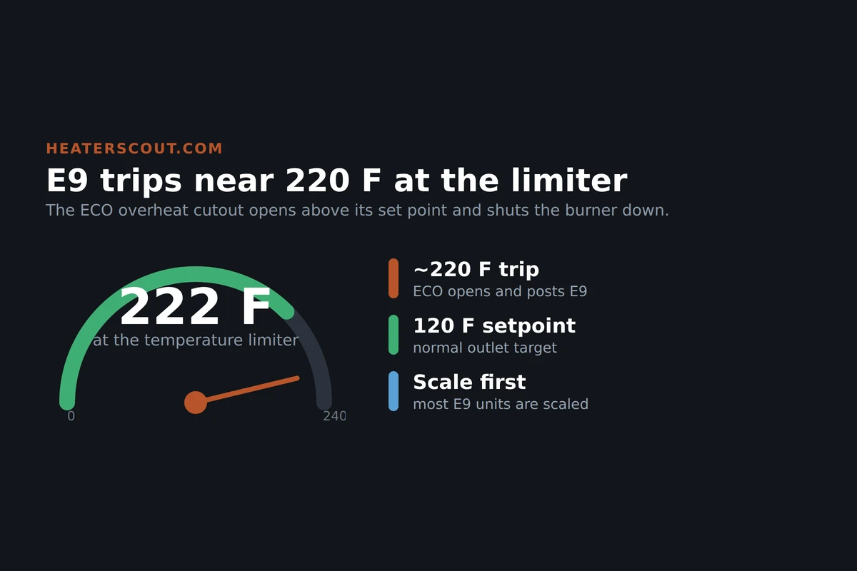 Gauge showing Bosch tankless water temperature climbing to the 220 F limiter trip point that posts error code E9