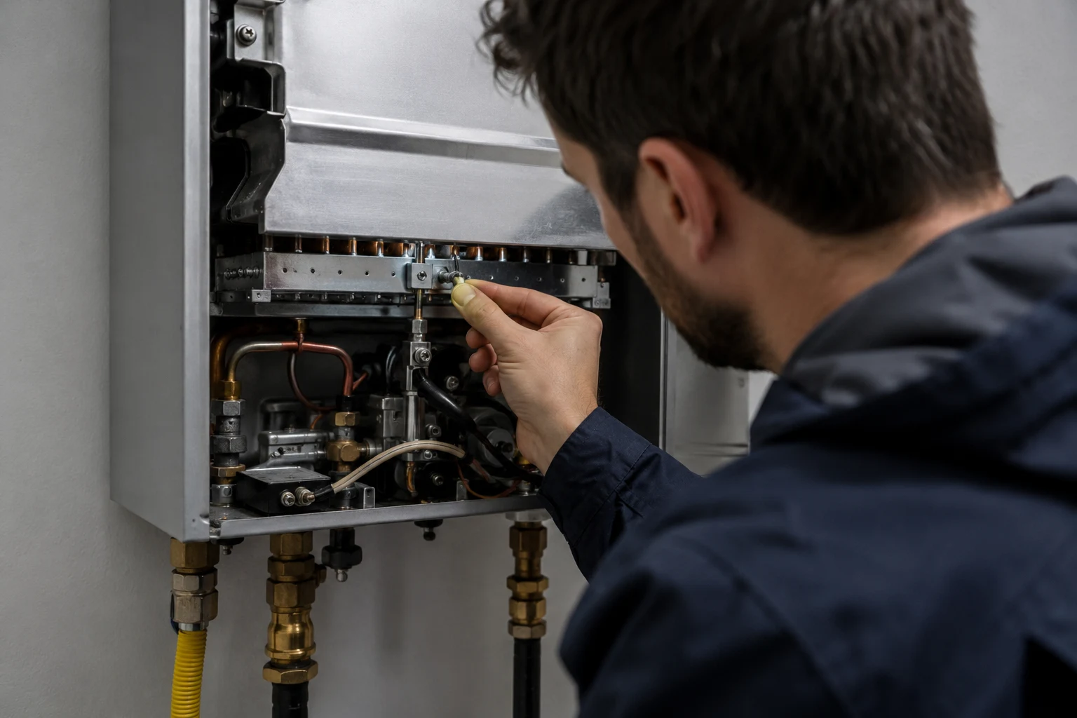 Technician cleaning a soot-covered flame sensor rod inside a Bosch tankless water heater