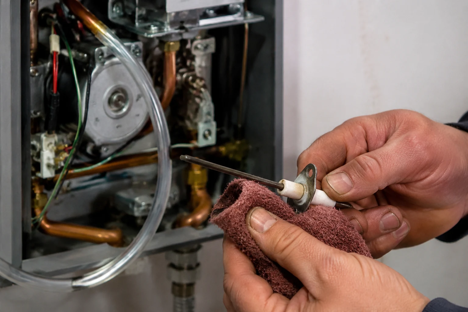 A Bosch tankless flame ionization rod at the burner, showing condensate and soot on the ceramic insulator that can trigger a false flame F7 fault