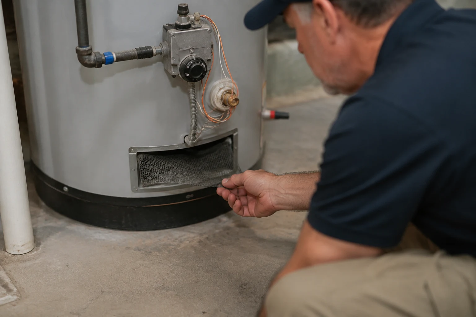 Bottom of a Bradford White Defender water heater showing the ScreenLok flame arrestor screen clogged with lint and dust, the most common cause of a lockout