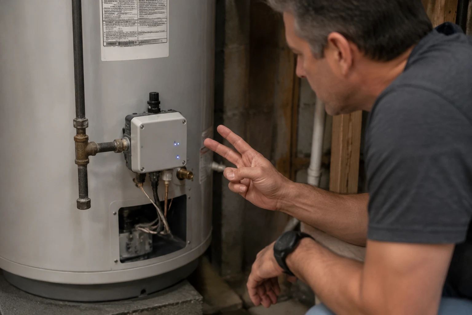 A Bradford White ICON gas control valve at the base of a water heater with the status LED and control knob visible, the point where flash codes are read and the knob reset is performed