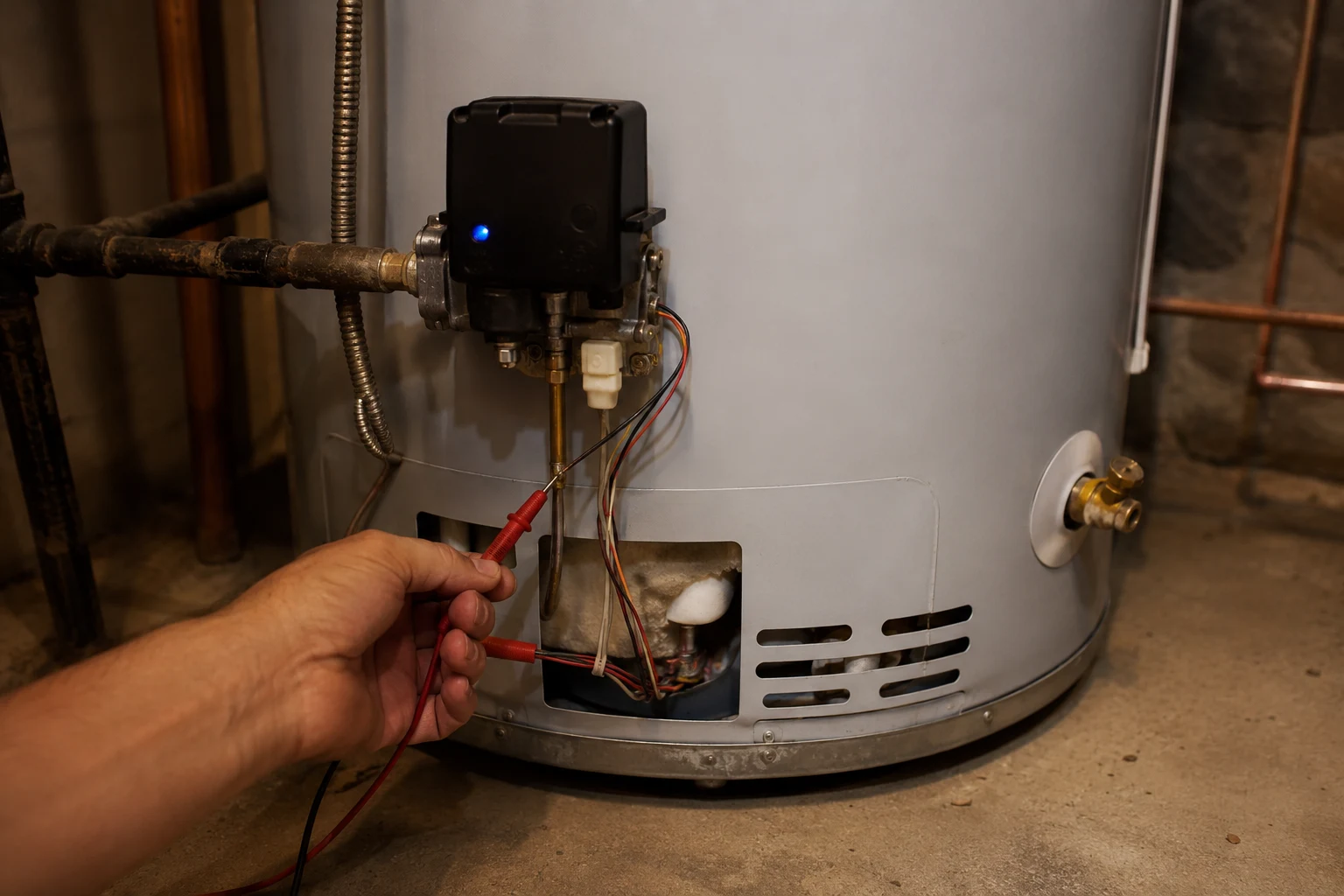 Close-up of a Bradford White pilot assembly with the pilot flame and the thermocouple tip, showing the blue flame that must fully envelop the sensor for the ICON gas valve to stay open