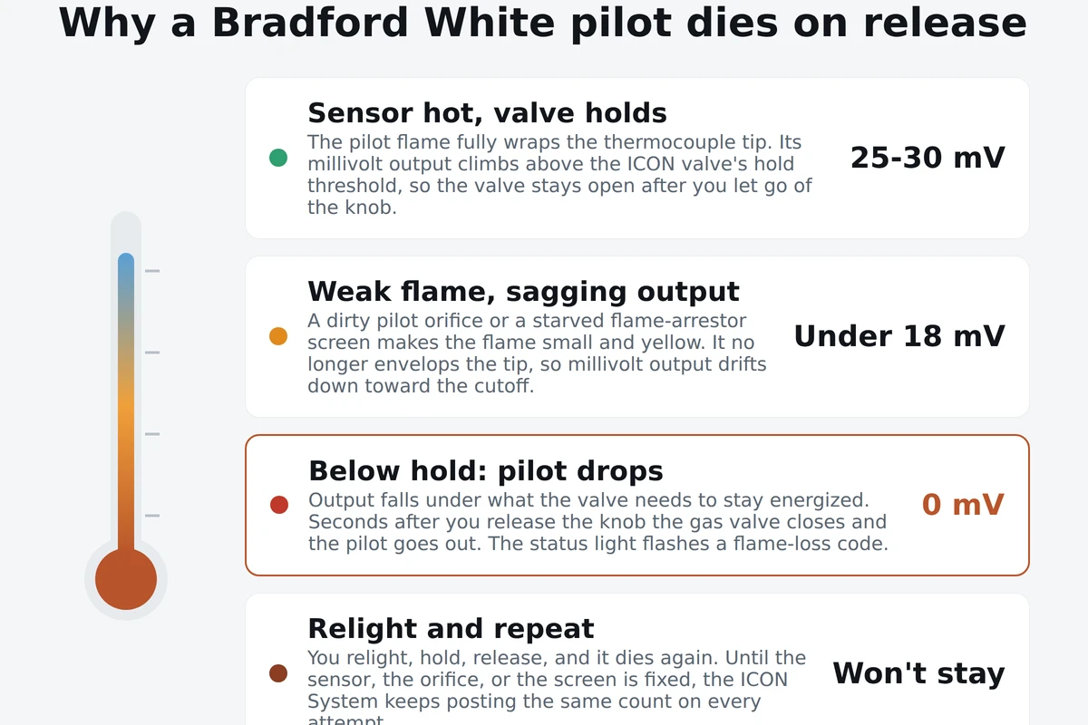 Bradford White ICON System pilot diagnostic showing how a weak or starved pilot flame drops the thermocouple millivolt output below the gas valve hold threshold so the pilot will not stay lit