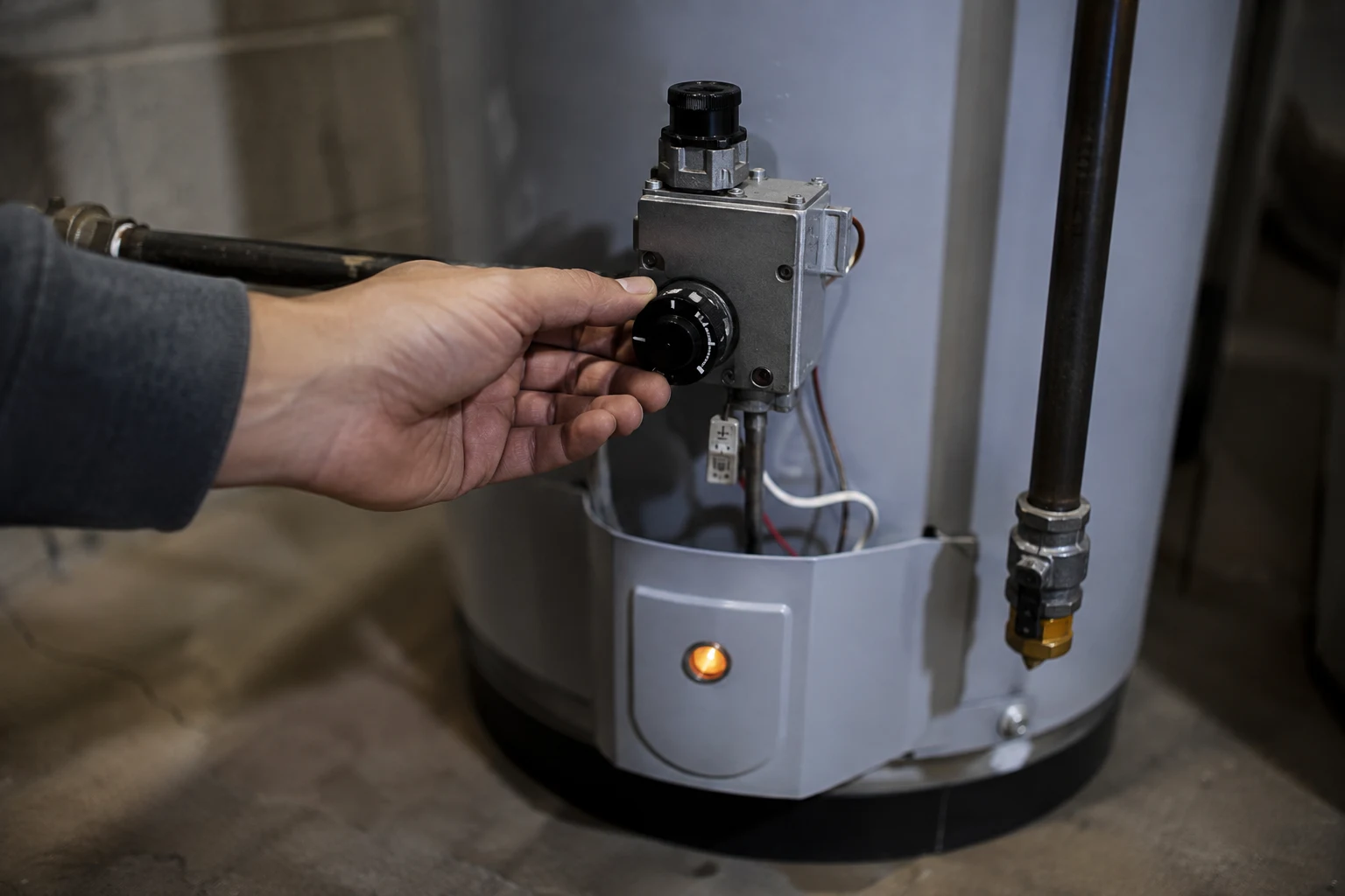A Bradford White gas water heater with the ICON gas control valve and status light near the base, the temperature and pressure relief valve on the side, and the upper thermostat access panel, the spots a homeowner checks when troubleshooting