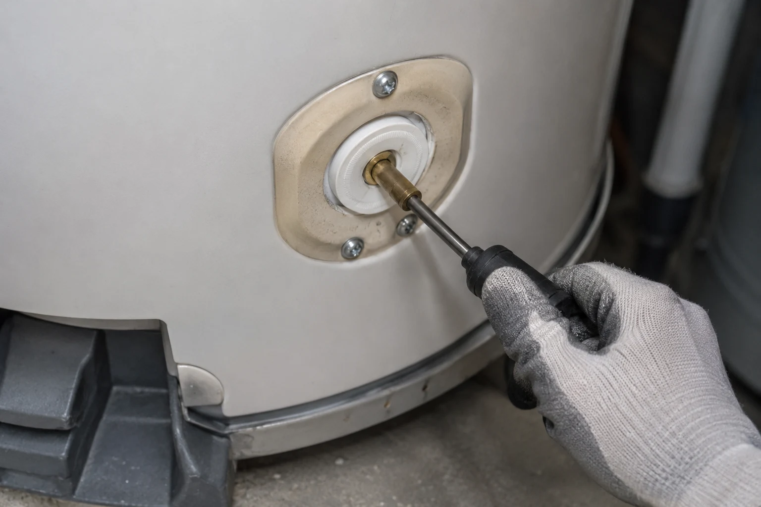 Bradford White ICON gas control valve at the base of a water heater with the diagnostic status light and gas control knob, plus the flash-code chart printed on the burner door label
