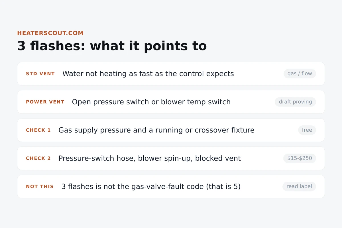 Bradford White ICON 3-flash status light guide showing the code meaning splits between standard-vent heaters (water not heating fast enough) and power-vent heaters (open pressure or blower temperature switch)