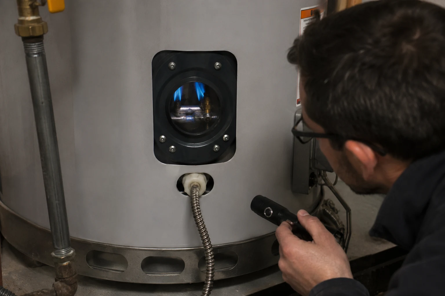 Bradford White ICON gas control valve at the base of a water heater with the status light, temperature knob, and the thermal well sensor cover where the 4-flash code is read and reset