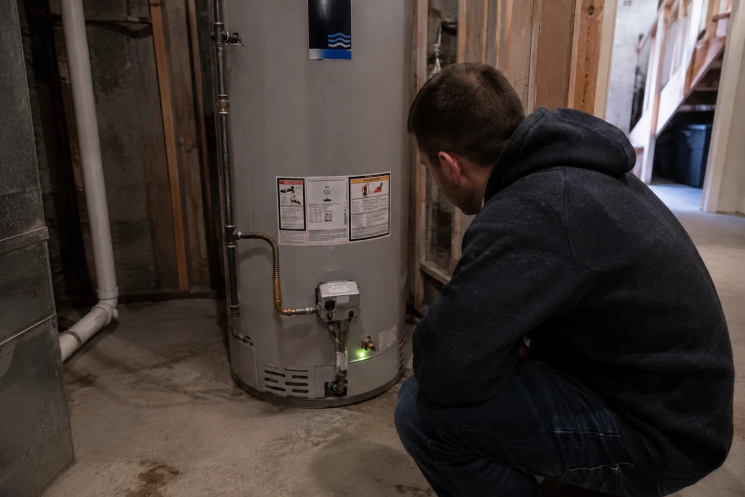 Bradford White water heater gas control valve with the ICON status light and pilot area, alongside the temperature and pressure relief valve on the tank