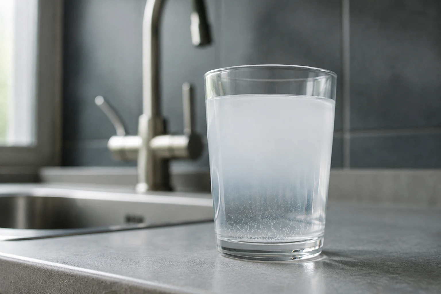 A clear glass of hot water on a kitchen counter, milky at the top and already clear at the bottom as dissolved air bubbles rise out, the simple test that tells harmless cloudiness from a real problem