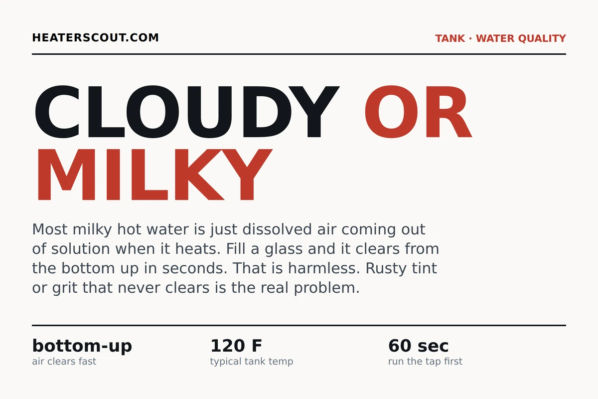 Diagram of a glass of hot water clearing from the bottom up as dissolved air bubbles rise, next to a glass that stays cloudy from hard-water minerals and a glass with rusty sediment settling to the bottom, showing which cloudy hot water is harmless and which is a real problem