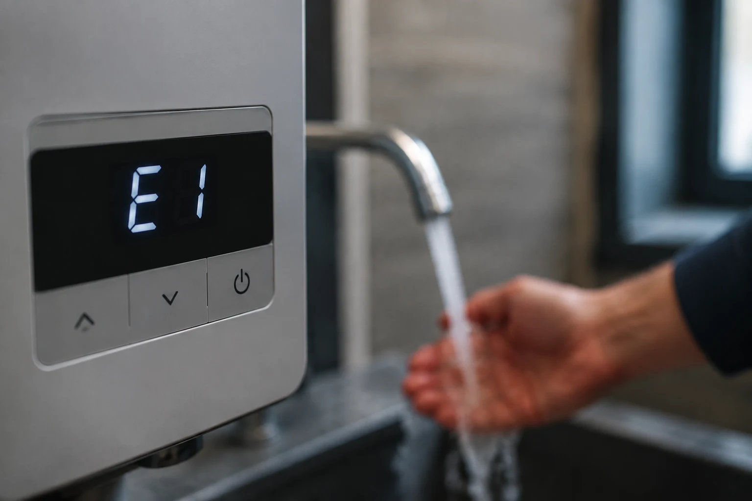 Close-up of a tankless water heater front panel and wired remote showing a two-digit error code, the clearest sign a cold burst is a real fault rather than a cold water sandwich