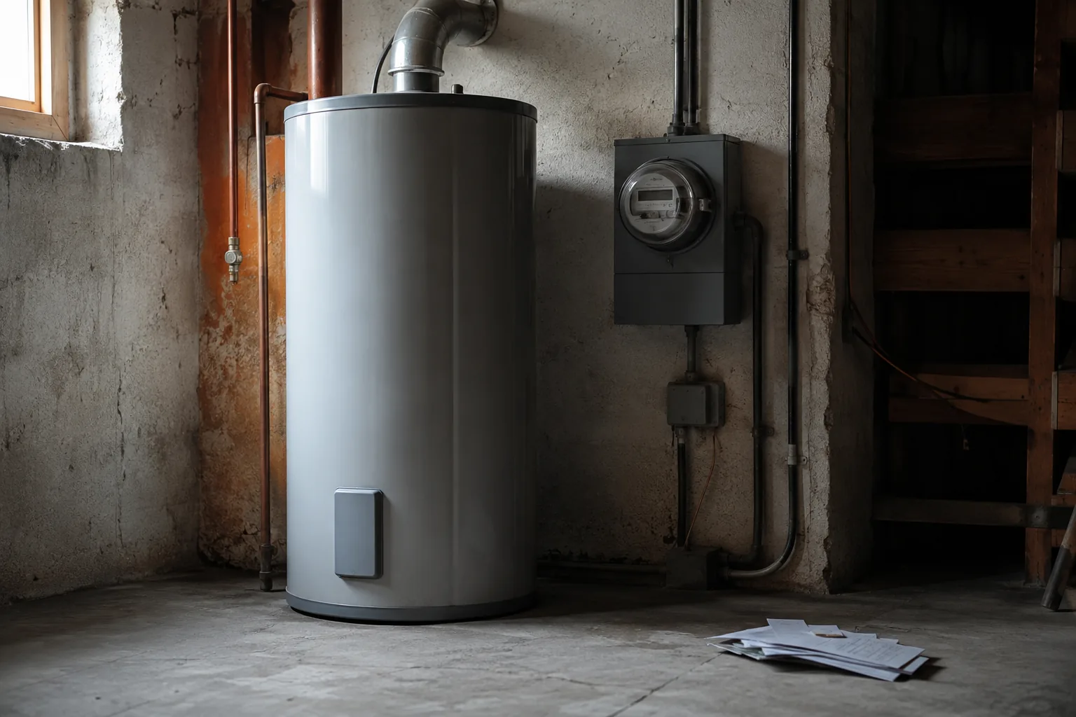Water heater next to a utility meter, showing the yearly cost of heating water