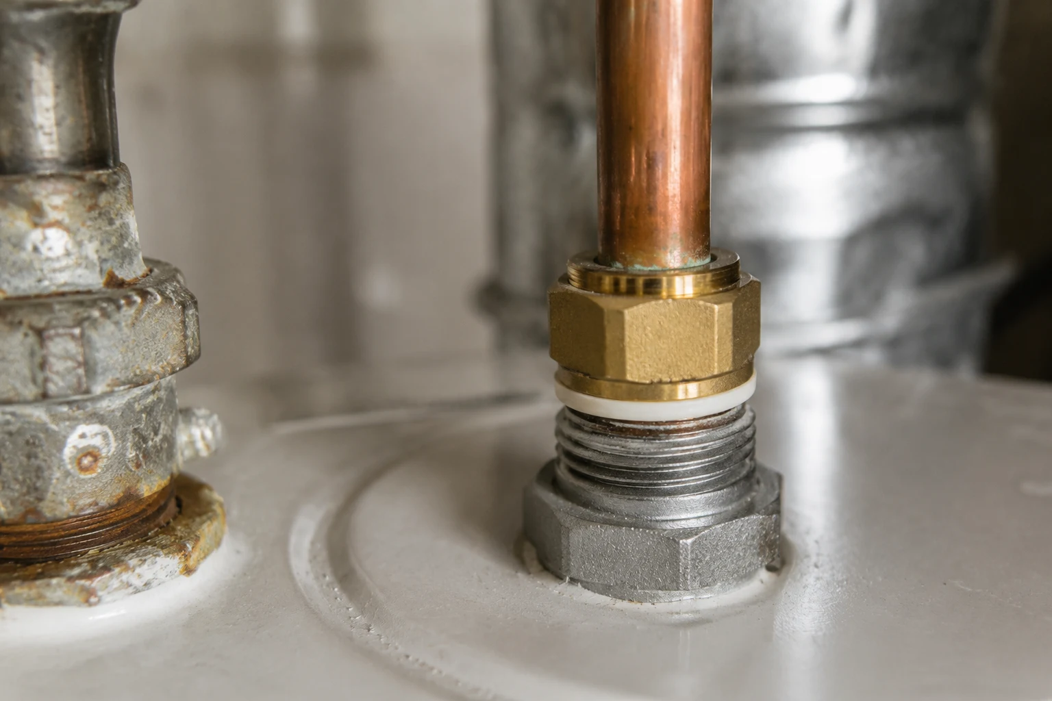 Corroded dielectric union cut open beside a clean brass nipple, showing the rust-clogged plastic throat