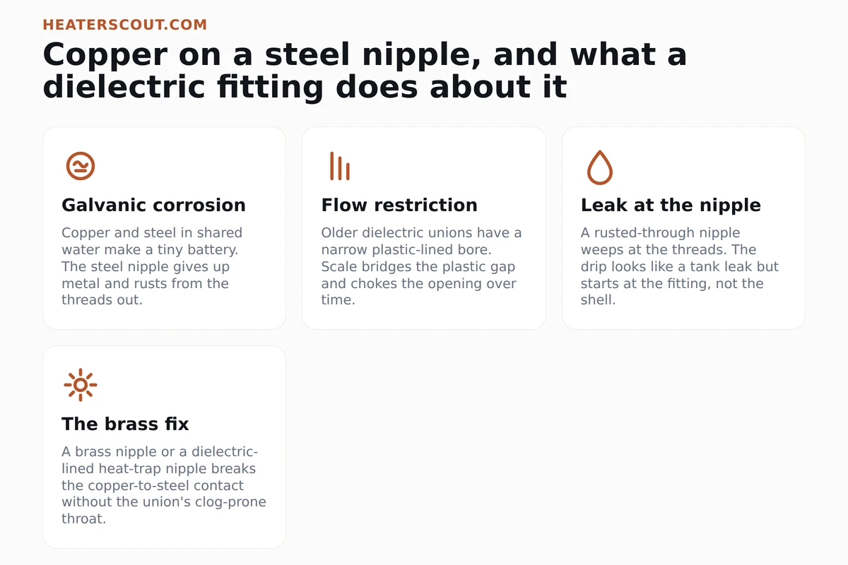 Four-panel diagram of galvanic corrosion, flow restriction, nipple leak, and the brass fix at a water heater connection