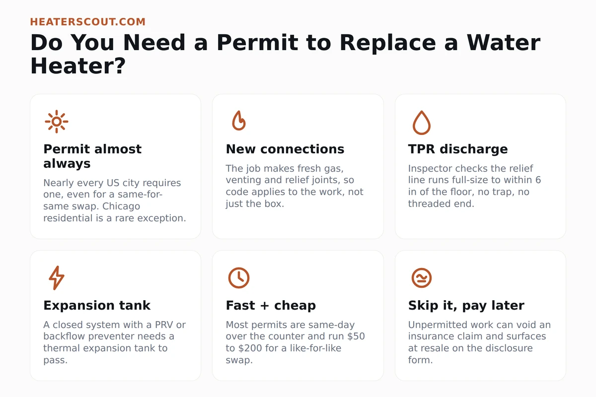 Six-panel chart of what a water heater permit inspection checks: TPR discharge, expansion tank, venting, seismic strapping, drip pan, and gas or electric connection, each with the code reason