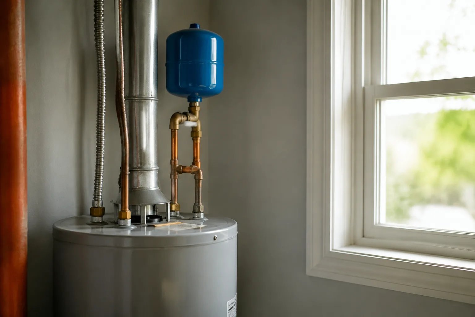 Thermal expansion tank mounted on the cold water line above a residential water heater