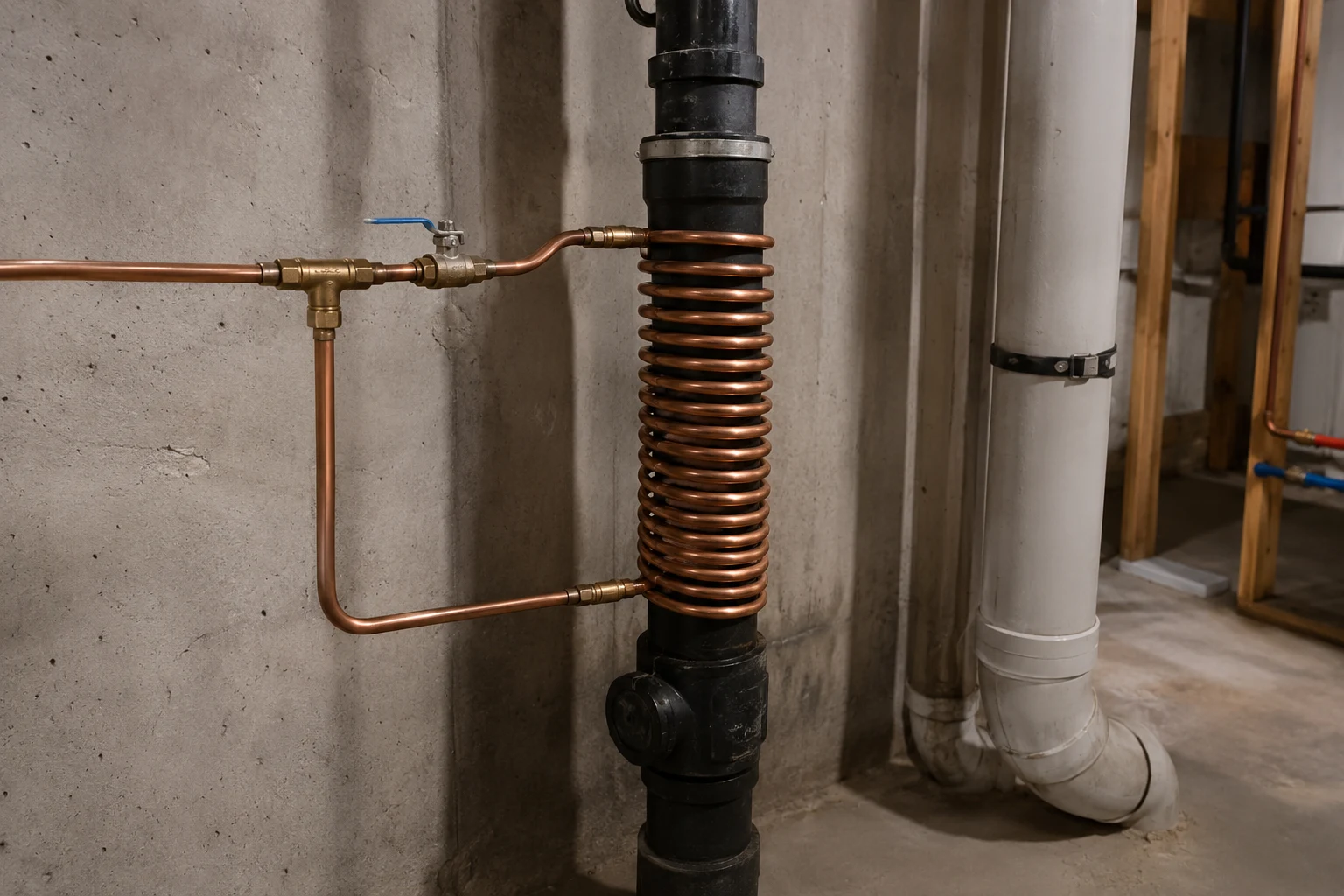Copper drain water heat recovery unit installed on a vertical drain stack in a basement, with cold supply tubing coiled around the copper drain pipe